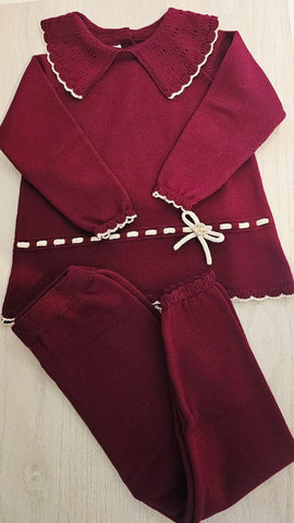 Granlei Girls Burgundy  two piece collar bow tracksuit