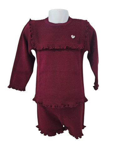 Granlei Girls Burgundy frill bib  two piece shorts set