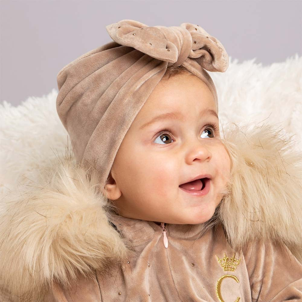 Caramelo Velour Bow Turban Beige