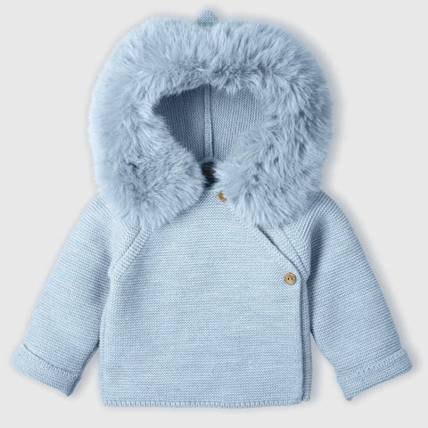 Mac Ilusion Knitted Coat with Faux Fur Trim Hood Cloud Blue