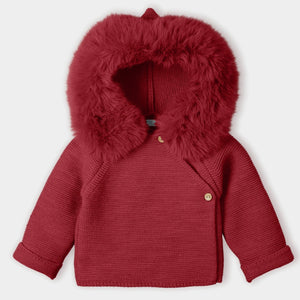 Mac Ilusion Knitted Coat with Faux Fur Trim Hood Red Current