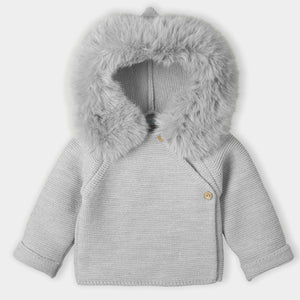 Mac Ilusion Knitted Coat with Faux Fur Trim Hood Grey