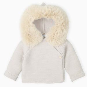Mac Ilusion Knitted Coat with Faux Fur Trim Hood Natural