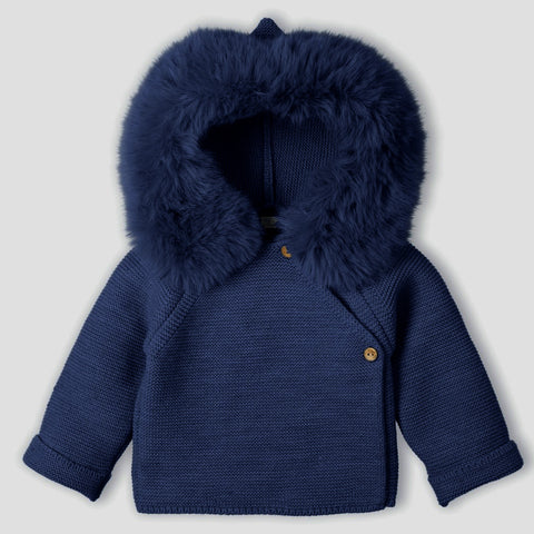 Mac Ilusion Knitted Coat with Faux Fur Trim Hood Navy