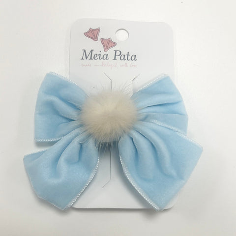 Meia Pata Velvet Pom Bow Clip Blue