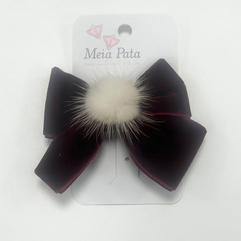 Meia Pata Velvet Pom Bow Clip Maroon