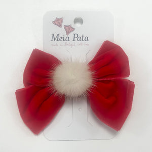 Meia Pata Velvet Pom Bow Clip Red