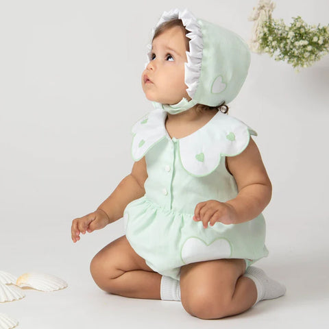 Caramelo Linen Scallop Heart Romper + Bonnet Mint