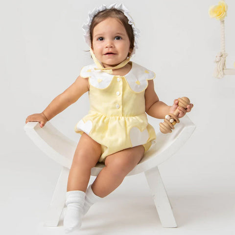 Caramelo Linen Scallop Heart Romper + Bonnet Lemon