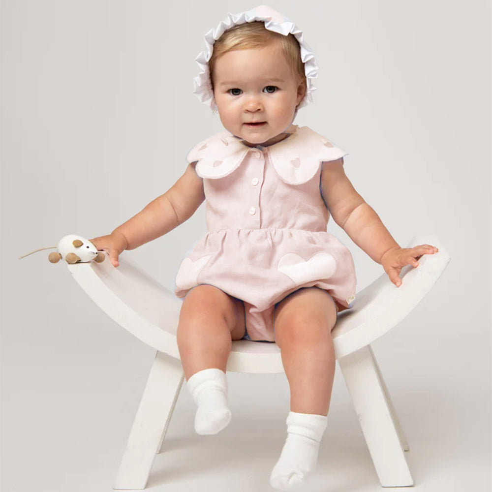 Caramelo Linen Scallop Heart Romper + Bonnet Pink