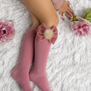 Meia Pata Long Velvet Fur Bow Socks Dusky Pink