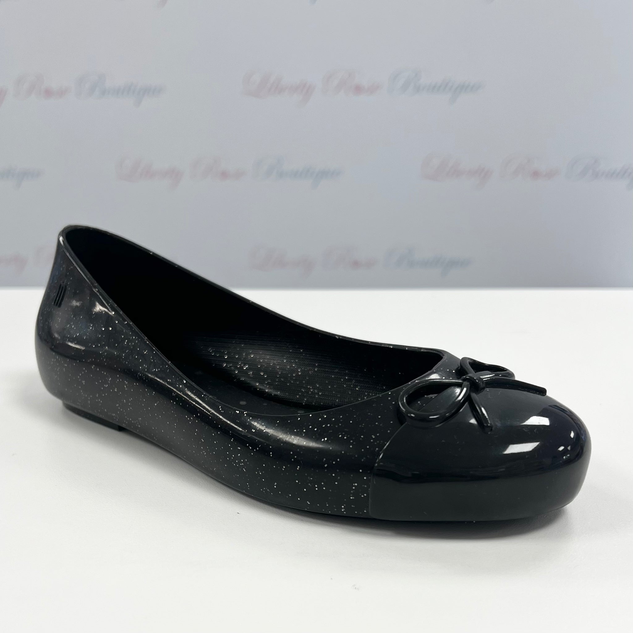 Mini Melissa Sweet Love Quilt Black Bow Front Slip on Shoes Liberty Rose Boutique