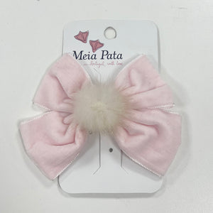 Meia Pata Velvet Pom Bow Clip Pink
