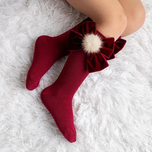 Meia Pata Long Velvet Fur Bow Socks Burgandy