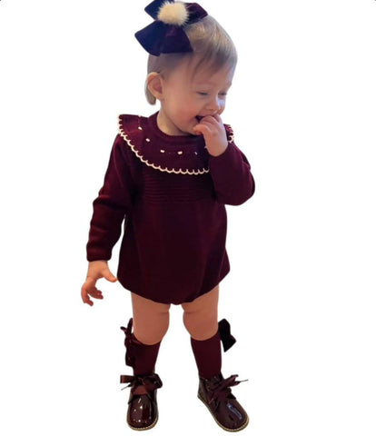 Granlei  girls burgundy/cream romper frill collar