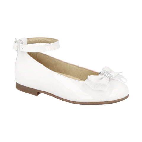 Andanines Patent White Ankle Band Bow Shoe