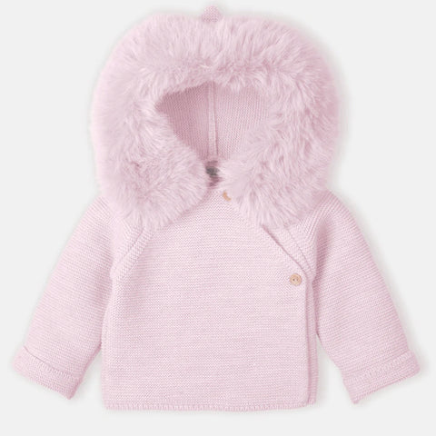 Mac Ilusion Knitted Coat with Faux Fur Trim Hood Pink