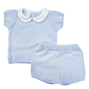 Granlei Knit Collared Shorts Set Blue