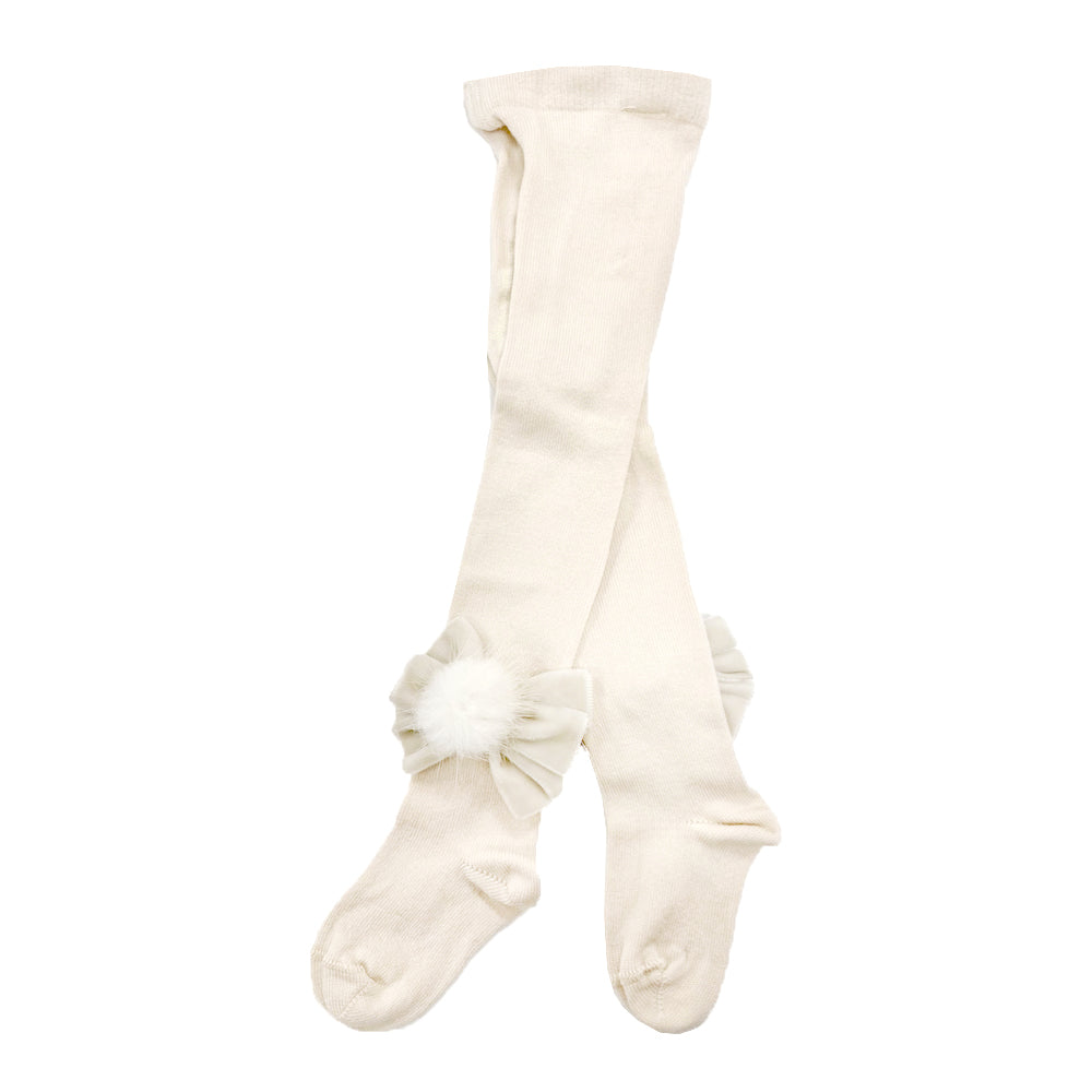 Meia Pata Pom Pom Velvet Bow Tights Ivory