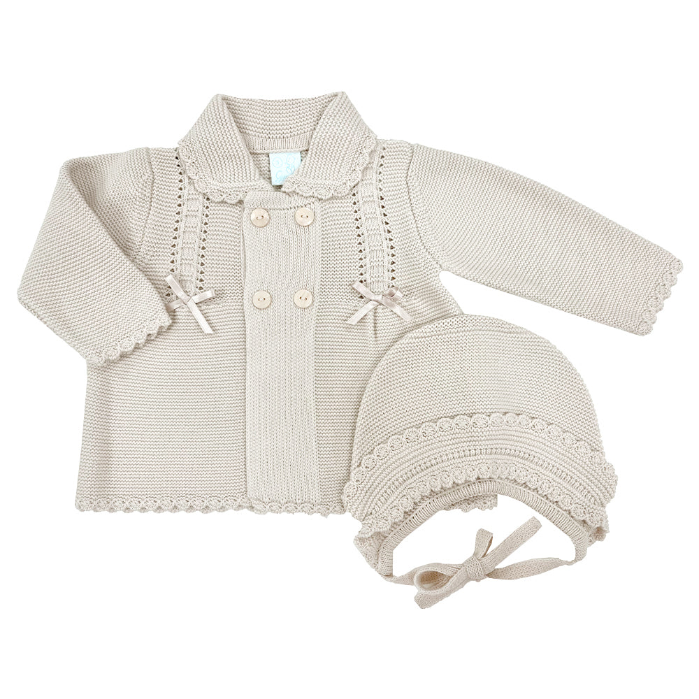 Granlei Bow Detail Cardigan Hat Set Natural