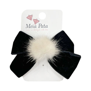 Meia Pata Velvet Pom Bow Clip Black