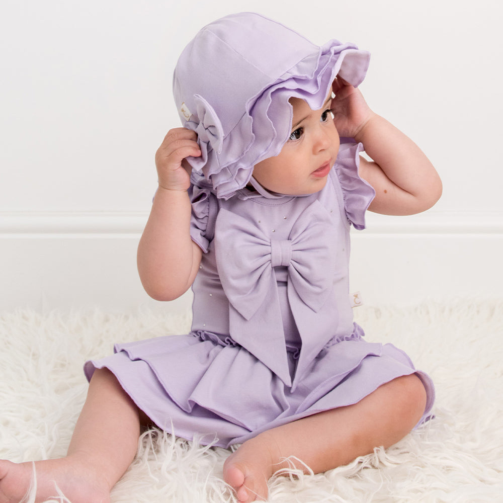 Caramelo Bow Romper & Bonnett Lilac