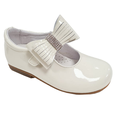 Andanines Patent Leather Diamonte Bow Shoe Cream