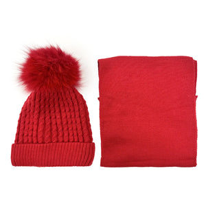 Knitted Faux Fur Pom Hat Set Red
