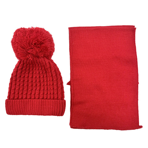 Knitted Pom Hat Set Red