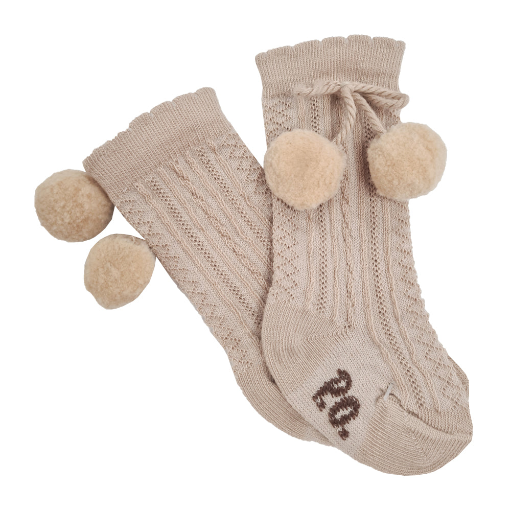 Pretty Originals Ribbed Pom Pom Knee High Socks Camel