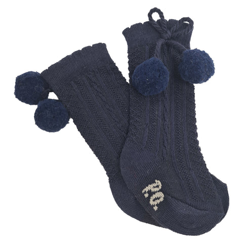 Pretty Originals Ribbed Pom Pom Knee High Socks Navy