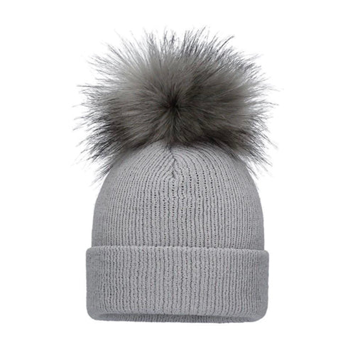 Pom Pom Envy Turn-Up Single Pom Hat Grey