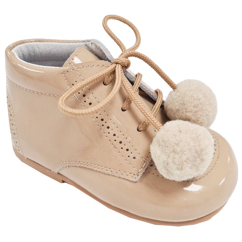 TNY Patent Leather Pom Pom Boots Camel