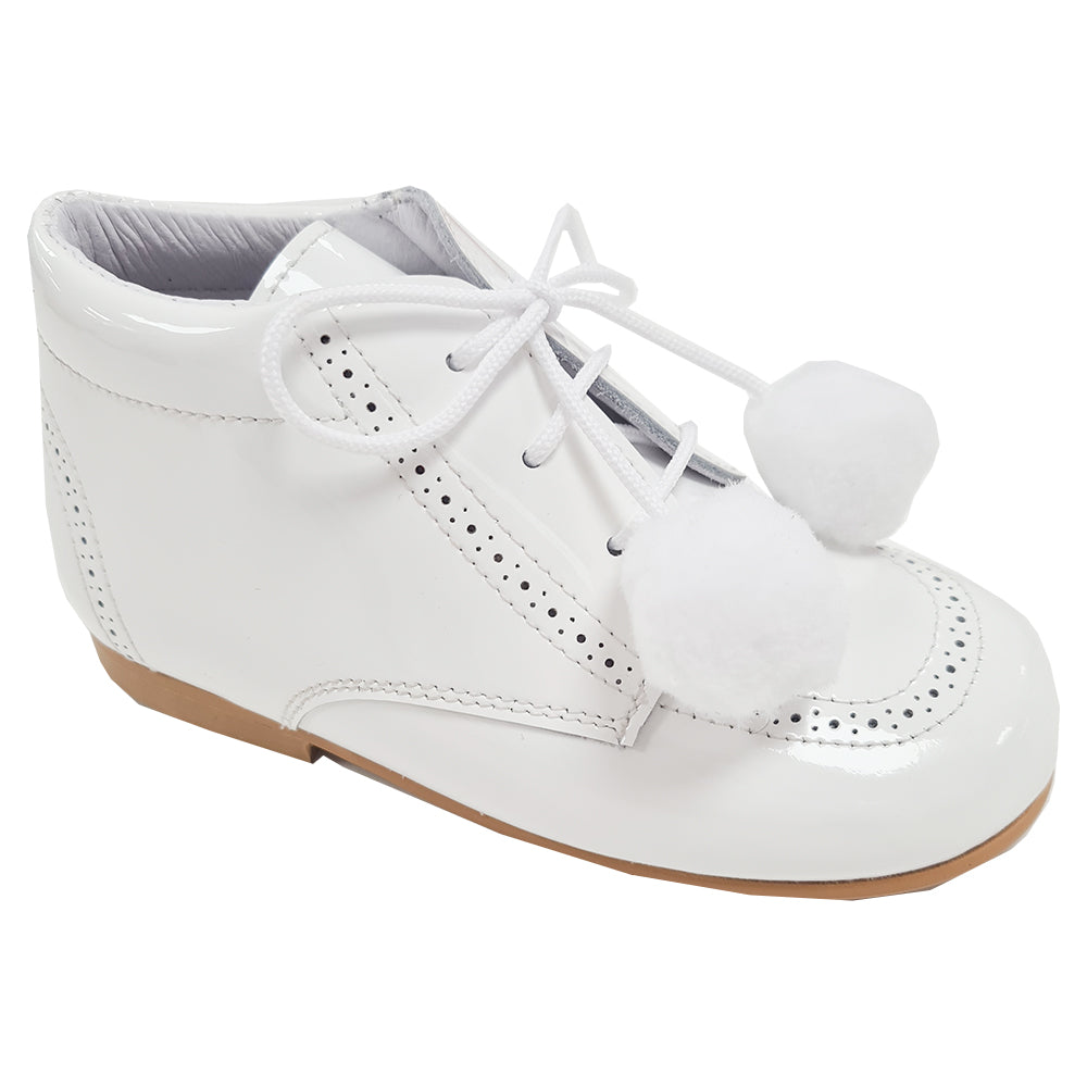 TNY Patent Leather Pom Pom Boots off White