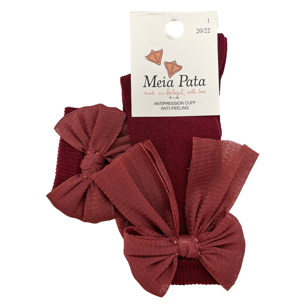 Meia Pata Long Organza Bow Socks Maroon