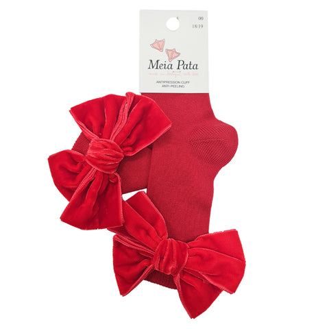 Meia Pata Long Velvet Bow Socks Red