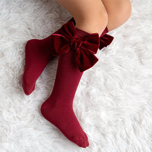 Meia Pata Long Velvet Bow Socks Maroon
